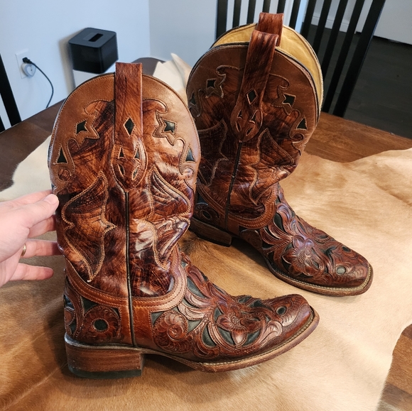 Corral Shoes - Corral Leather Overlay Square Toe Boots